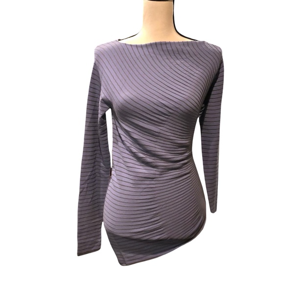 EMPORIO ARMANI ASYMMETRICAL HEM BOAT NECK PURPLE & OLIVE RIBBED SWEATER